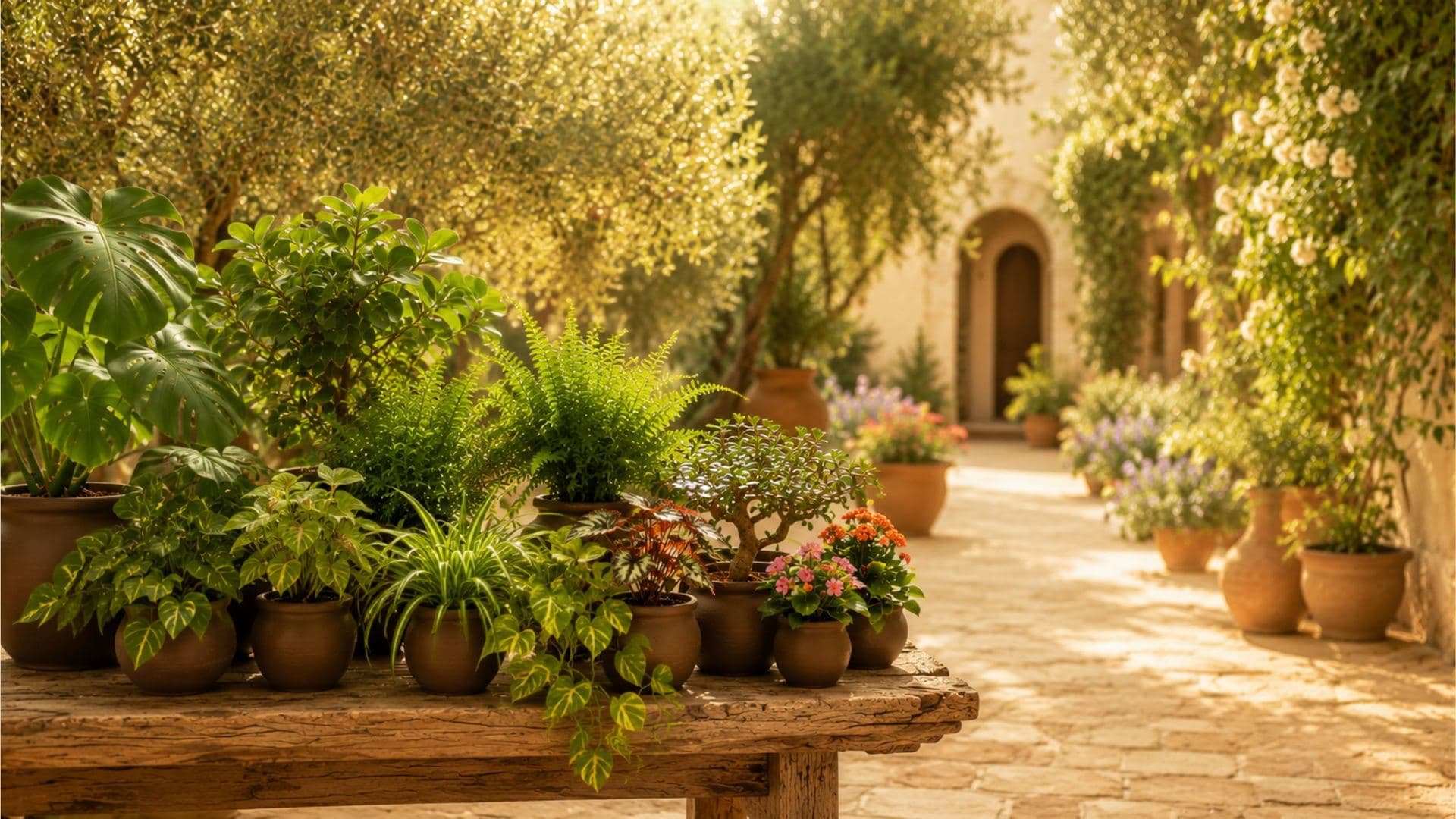 Moroccan golden courtyard with potted plants